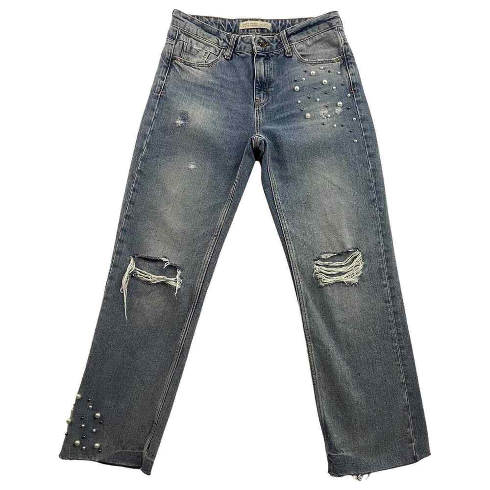 Zara Basic Z1975 Jeans Womens Size 4 Blue Pearls Frayed Raw Hem Distressed Denim